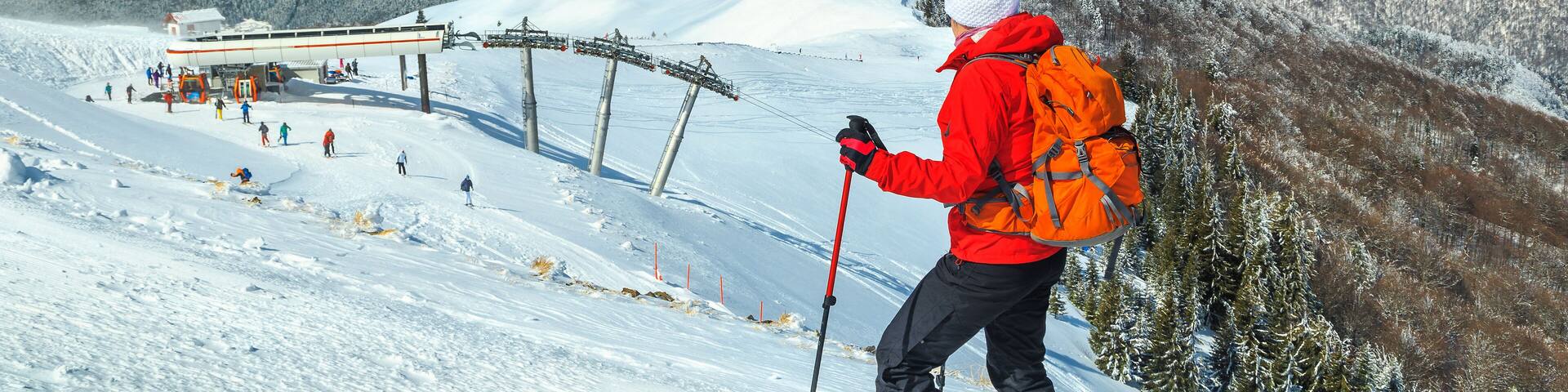 Wonderful ski resort with skiers, Prahova valley, Carpathians, Azuga, Romania