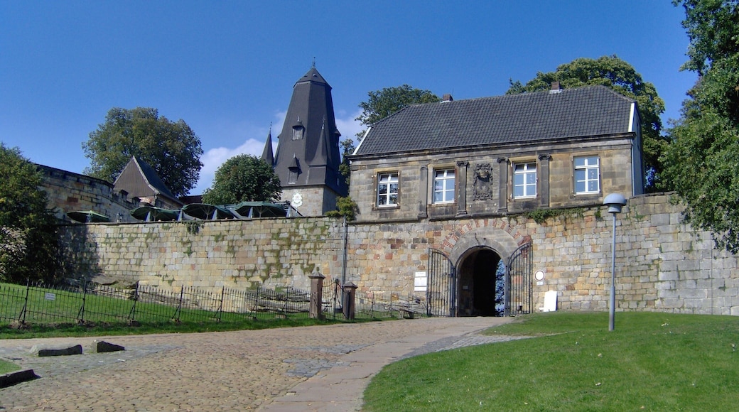 The lower 13th century gate to Bentheim Castle in Bad Bentheim, Germany. The tower in the background is that of the Katharinenkirche, also part of the Bentheim Castle.