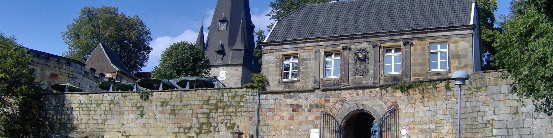 The lower 13th century gate to Bentheim Castle in Bad Bentheim, Germany. The tower in the background is that of the Katharinenkirche, also part of the Bentheim Castle.