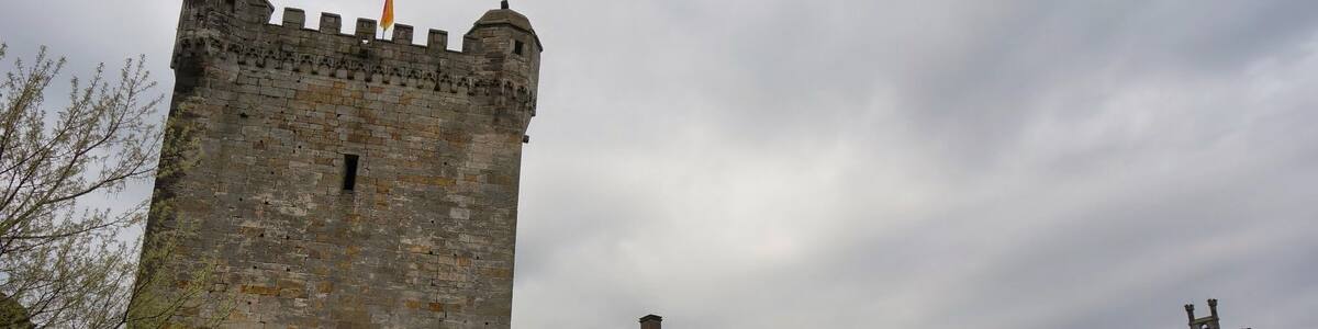 Un château historique doté d’une haute tour, d’un grand bâtiment avec de nombreuses fenêtres et d’une tour plus petite surmontée d’une horloge.