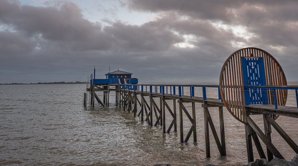 A pier extending into a body of water with a cloudy sky above.