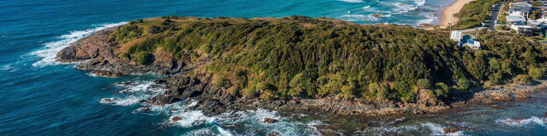 Woolgoolga featuring general coastal views, rugged coastline and landscape views