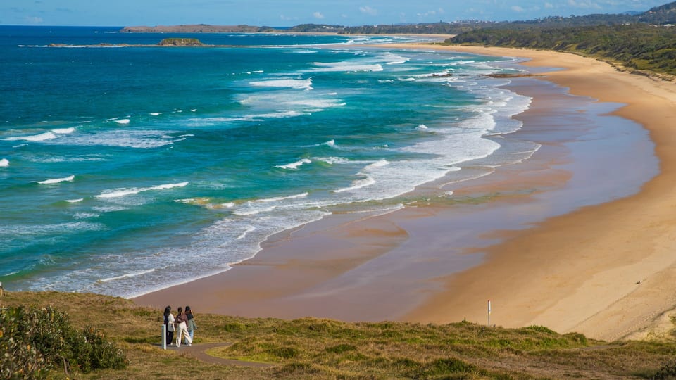 Woolgoolga which includes general coastal views, a sandy beach and landscape views