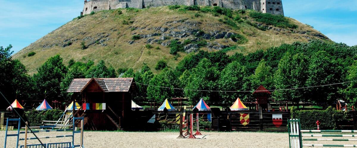 A castle on a hill with a playground in the foreground.