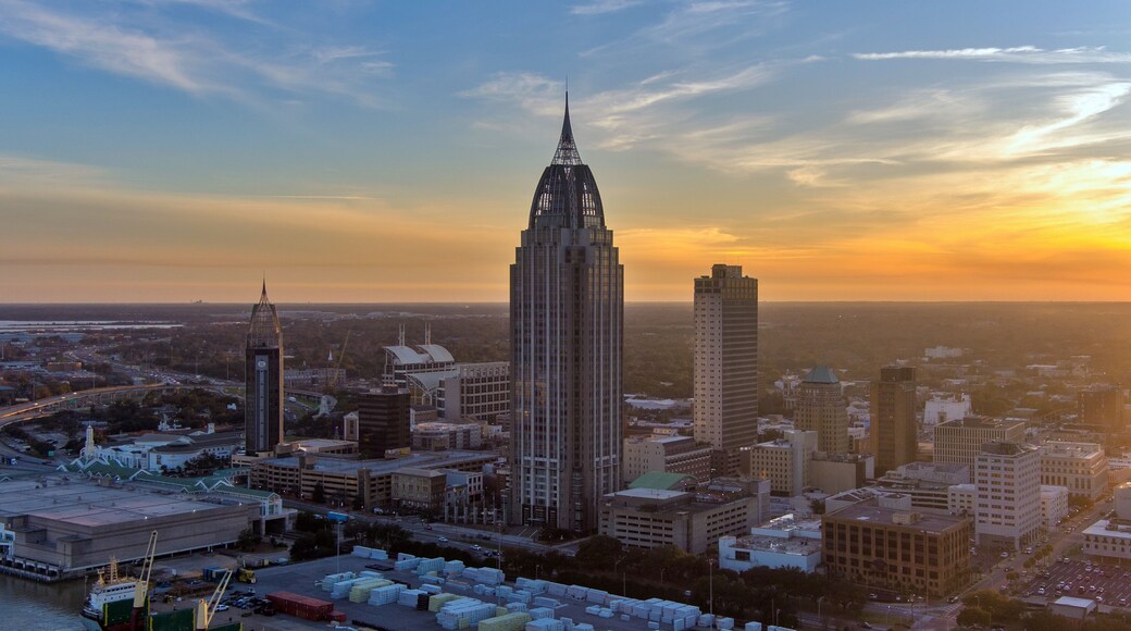 Downtown Mobile, Alabama riverside skyline at sunset