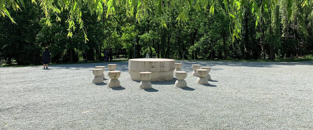 A garden with a circular stone structure surrounded by smaller stones, under a weeping willow tree.