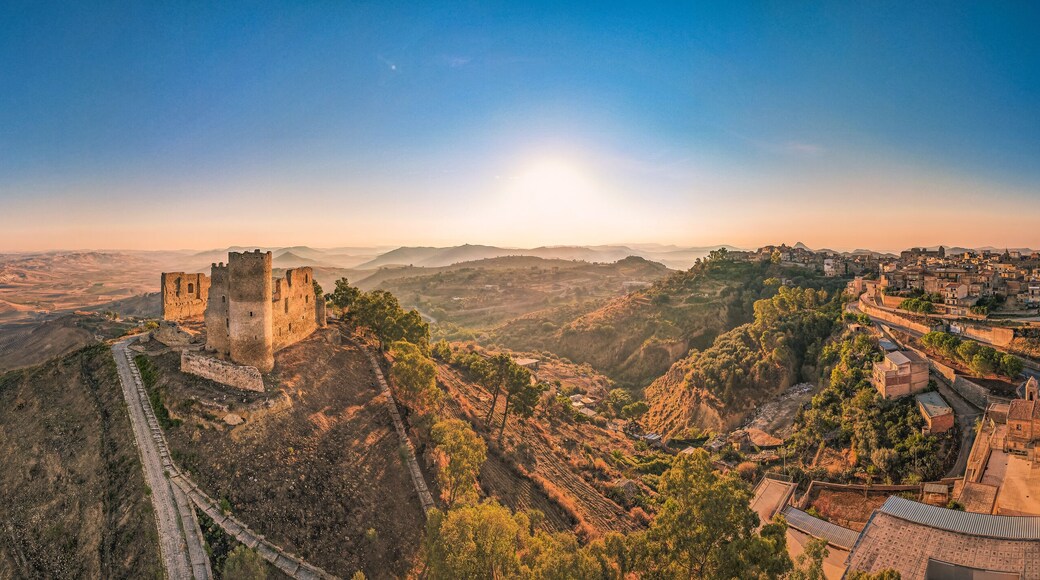Fantastic View of Mazzarino Medieval Castle and the City at Sunrise, Caltanissetta, Sicily, Italy, Europe