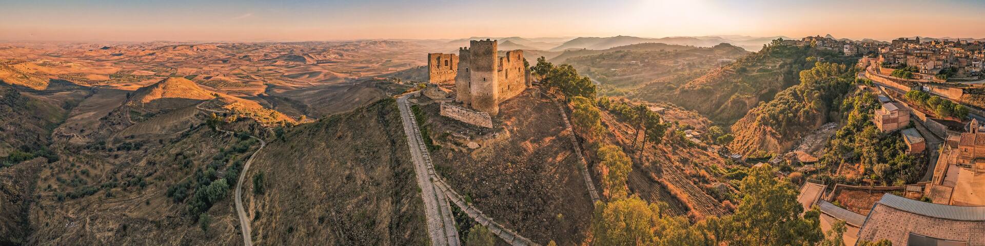 Fantastic View of Mazzarino Medieval Castle and the City at Sunrise, Caltanissetta, Sicily, Italy, Europe