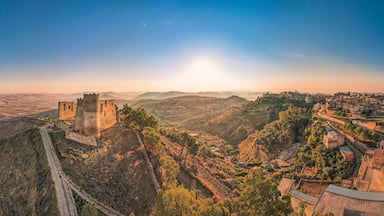 Fantastic View of Mazzarino Medieval Castle and the City at Sunrise, Caltanissetta, Sicily, Italy, Europe