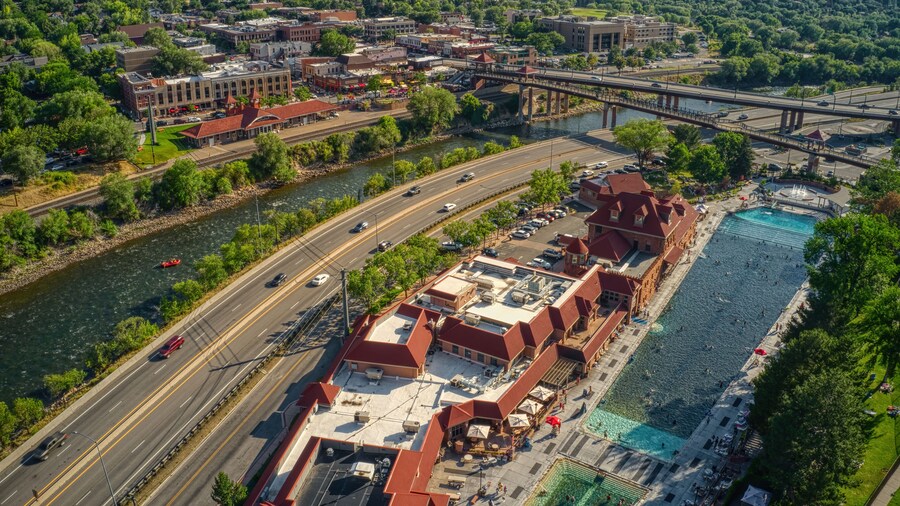 Aerial View of Downtown Glenwood Springs and its Large Hot Spring Pool