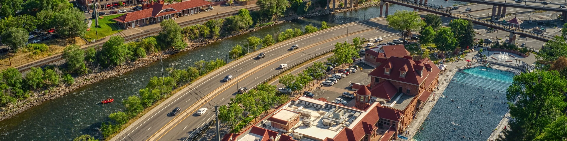 Aerial View of Downtown Glenwood Springs and its Large Hot Spring Pool