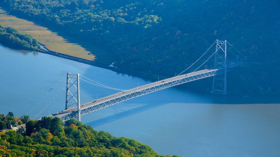 A large suspension bridge spanning a wide river, surrounded by dense forest and hills.