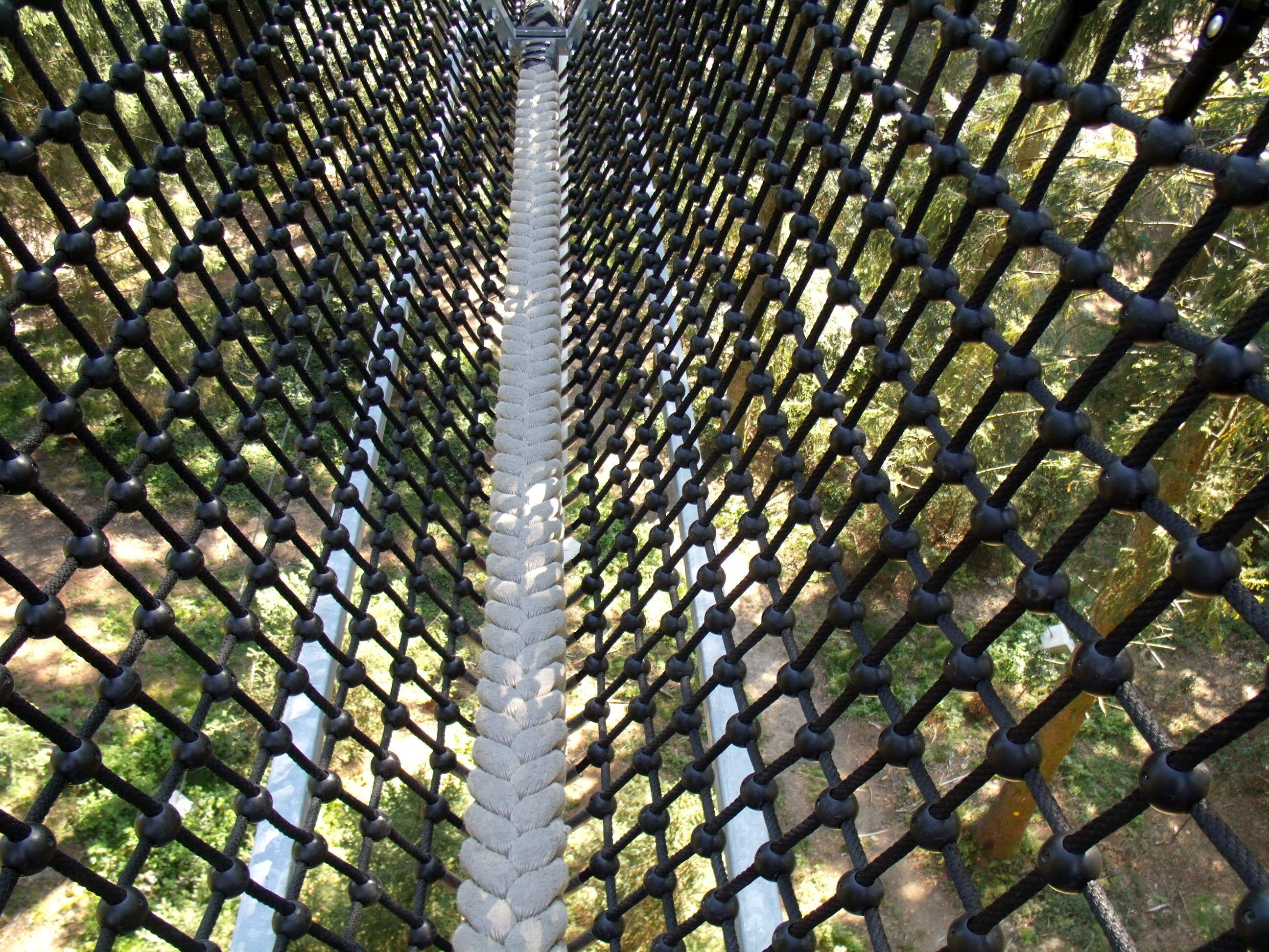 Un puente colgante con un centro de cuerda trenzada, rodeado de vegetaci ón.