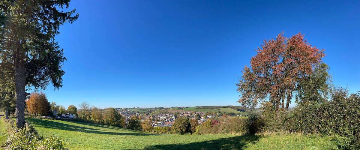 A rural landscape with a clear blue sky, a town in the valley, and autumn-colored trees.