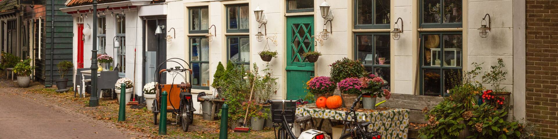 A small street with old small picturesque houses in the center of Den Burg on the Wadden Island of Texel.
