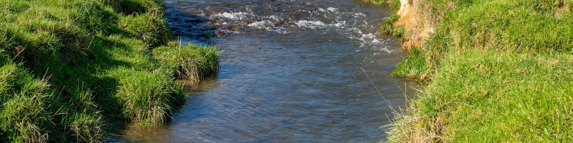 the small Mangaone Stream drains farmland in the Te Horo region of the Kapiti Coast in the North Island of New Zealadn. In the background the Tararua Ranges
