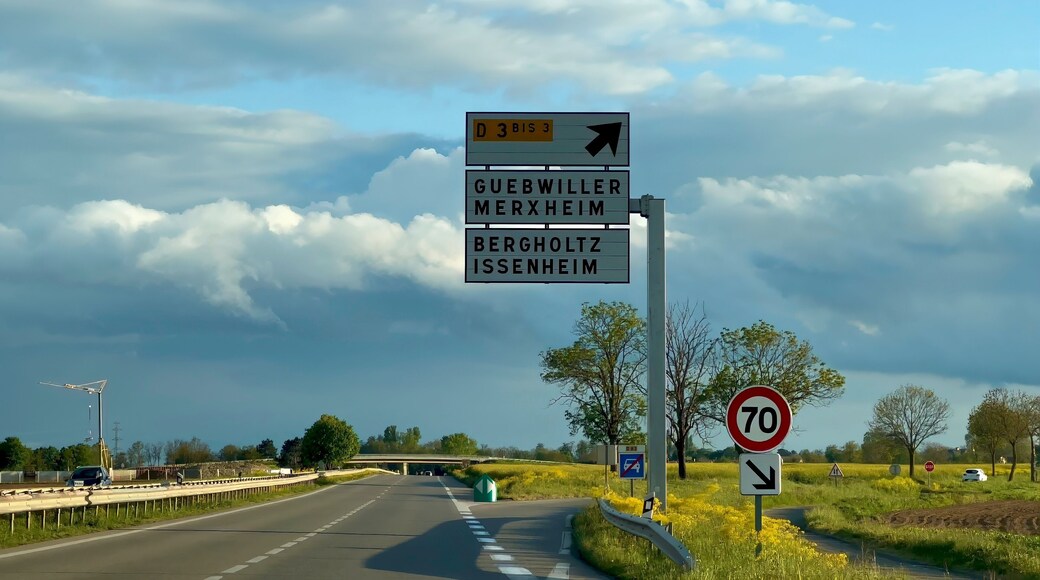 Navigational Directions at Dusk: D83 Road Sign with Cloudy Sky Near Guebwiller, Haut-Rhin, Alsace, France