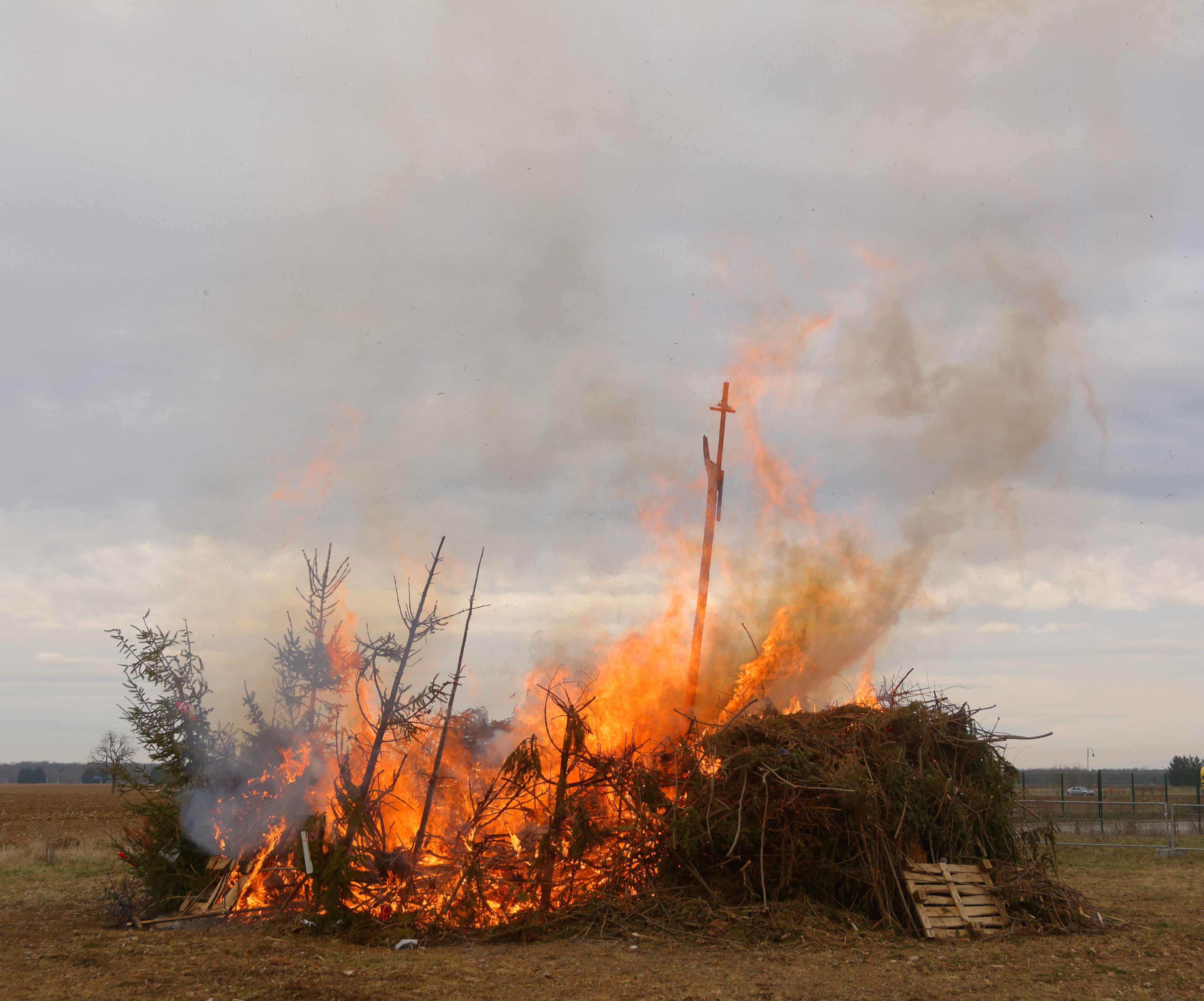 A large fire consuming a pile of branches and trees in an open field.