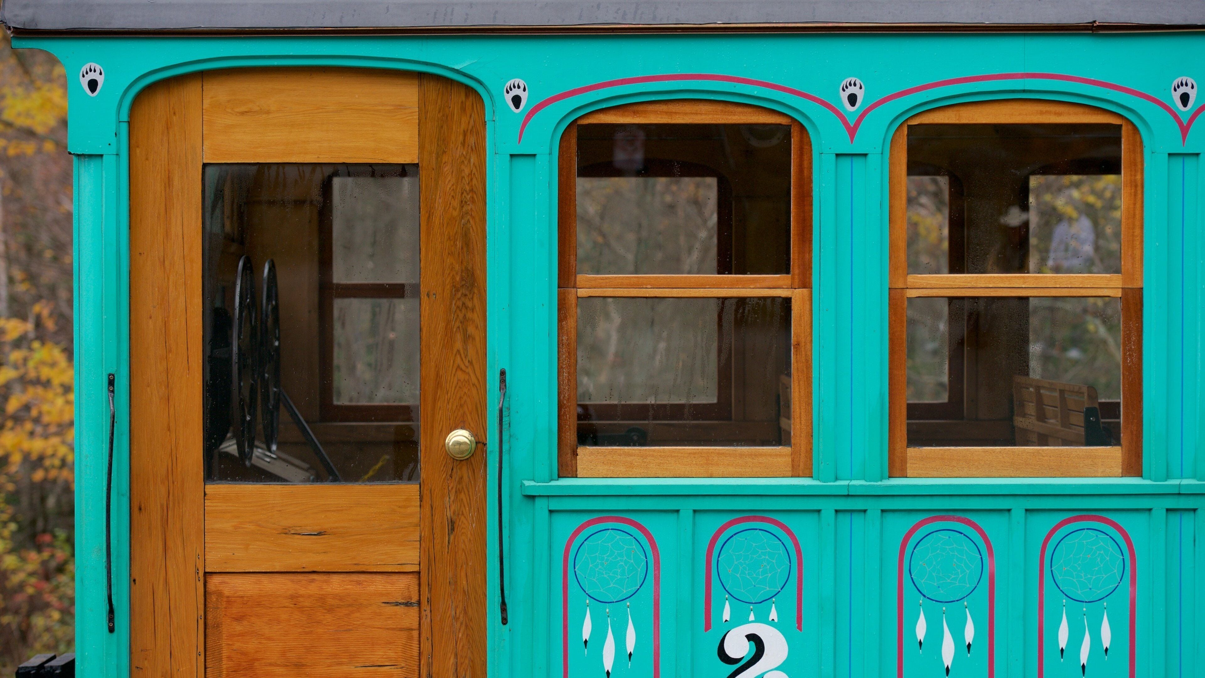 A turquoise building with a wooden door and windows, adorned with dreamcatchers and paw prints.