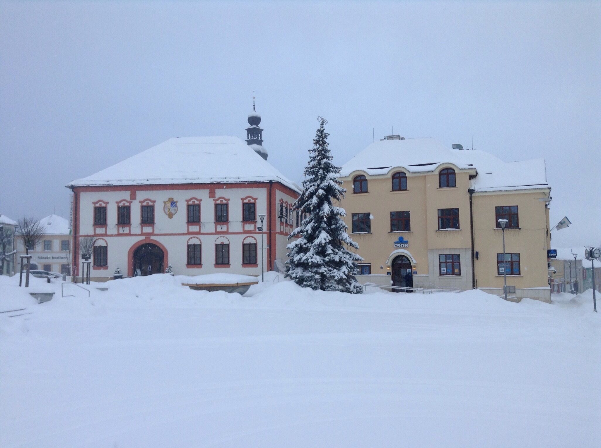 Havlíčkovo Náměstí is the main square in the Moravian town Žďár nad Sázavou. Whilst it looks nice with the snow and the tree, this town isn't particularly photogenic. There are many buildings from the socialist era, which are not exactly architecturally inviting. Still, it's a decent place to stop if passing, especially to visit the castle and UNESCO inscribed St. John of Nepomuk church.