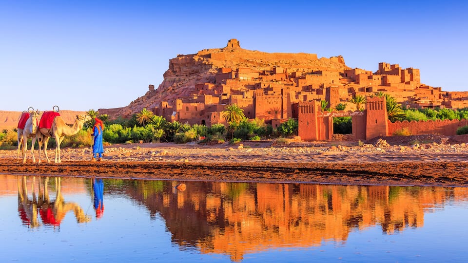 A desert landscape with a large, ancient walled city, camels, and a body of water reflecting the scene.