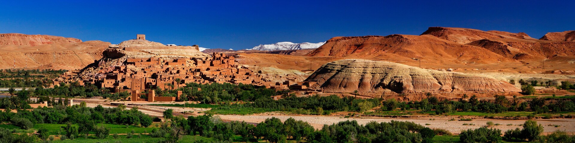 A desert landscape with a traditional mud-brick village, green fields, and distant snow-capped mountains.