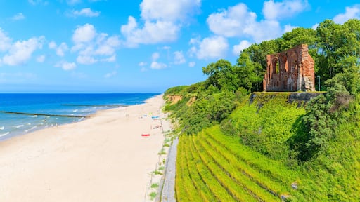Panoramic view of ruins of old church in Trzesacz village on Baltic Sea beach, Poland