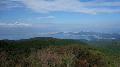 A coastal landscape with dense green hills, a clear blue sky, and distant city lights.