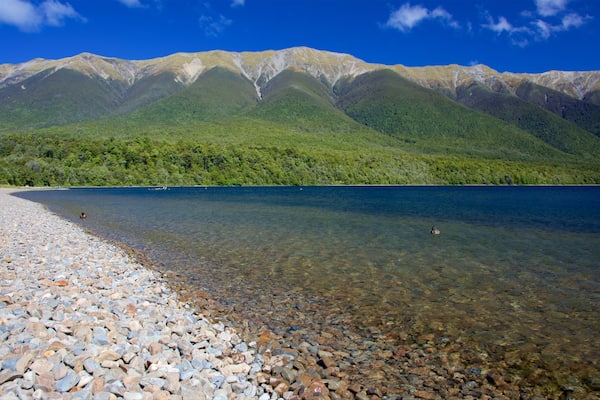 Nelson Lakes Nationalpark welches beinhaltet Steinstrand, Berge und Bucht oder Hafen