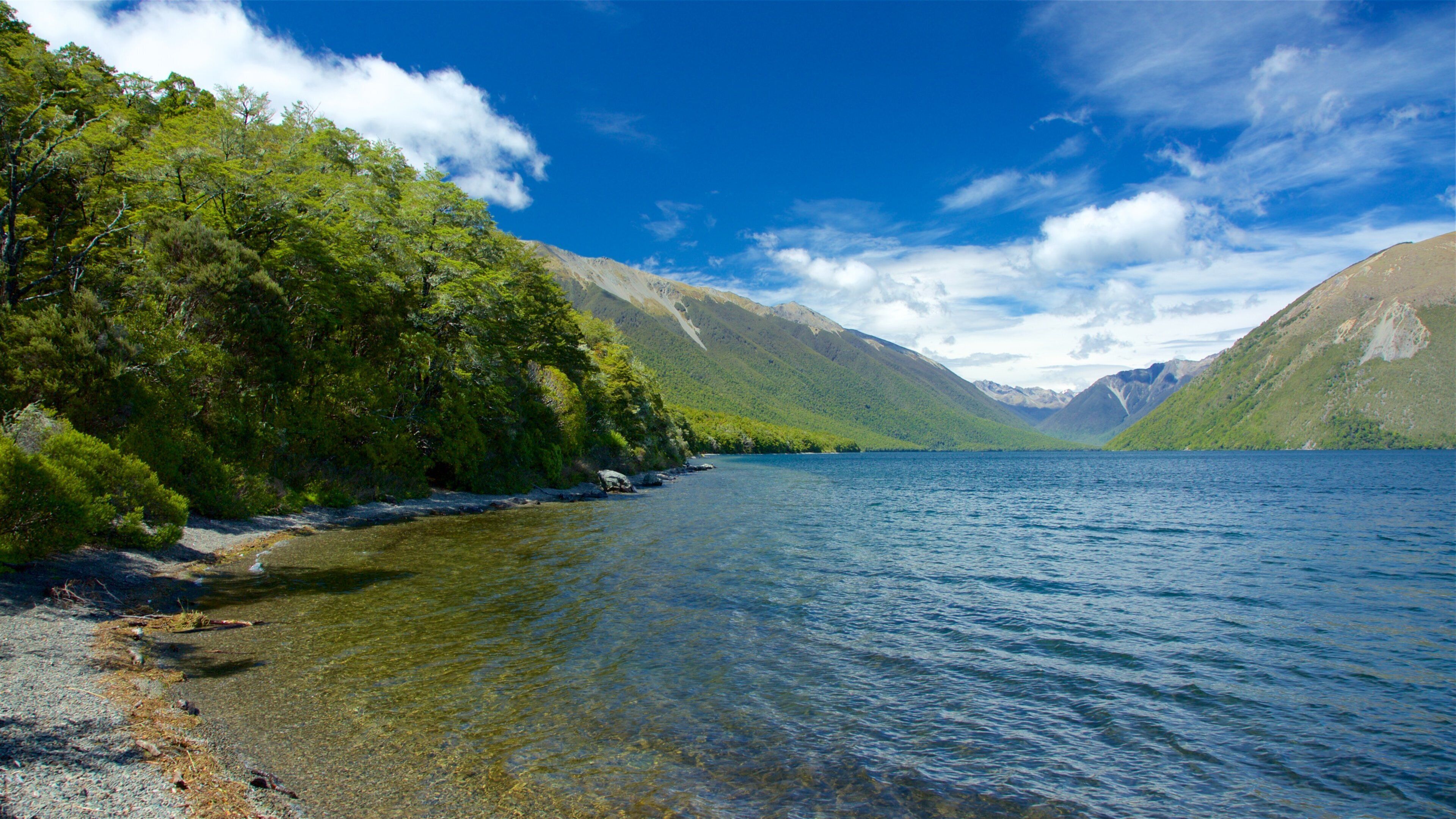 Nelson Lakes National Park featuring mountains, a bay or harbour and a pebble beach
