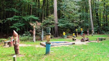 Een bos met verschillende sculpturen en houten constructies.