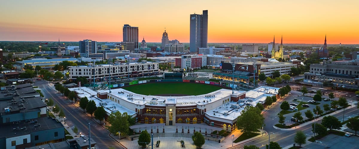 Aerial baseball diamond downtown Fort Wayne Indiana United States Parkview Field city sunrise
