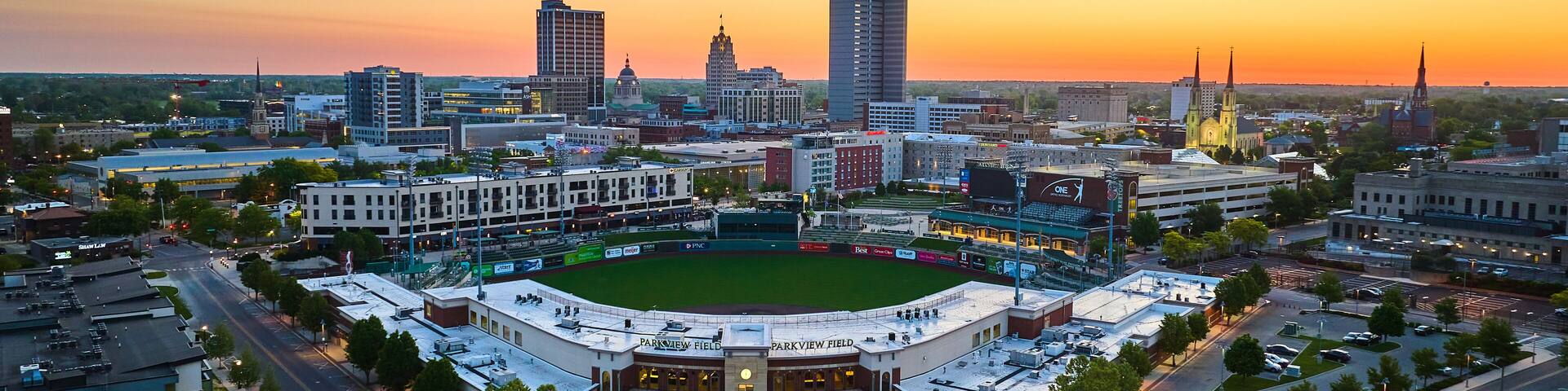 Aerial baseball diamond downtown Fort Wayne Indiana United States Parkview Field city sunrise