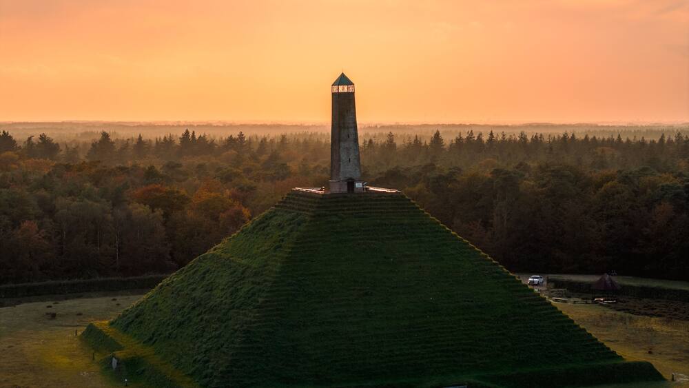 Autumn sunset aerial view of the pyramid of Austerlitz, The Netherland, Utrechtse Heuvelrug