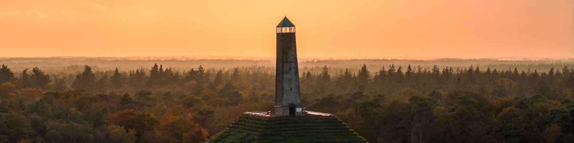 Autumn sunset aerial view of the pyramid of Austerlitz, The Netherland, Utrechtse Heuvelrug