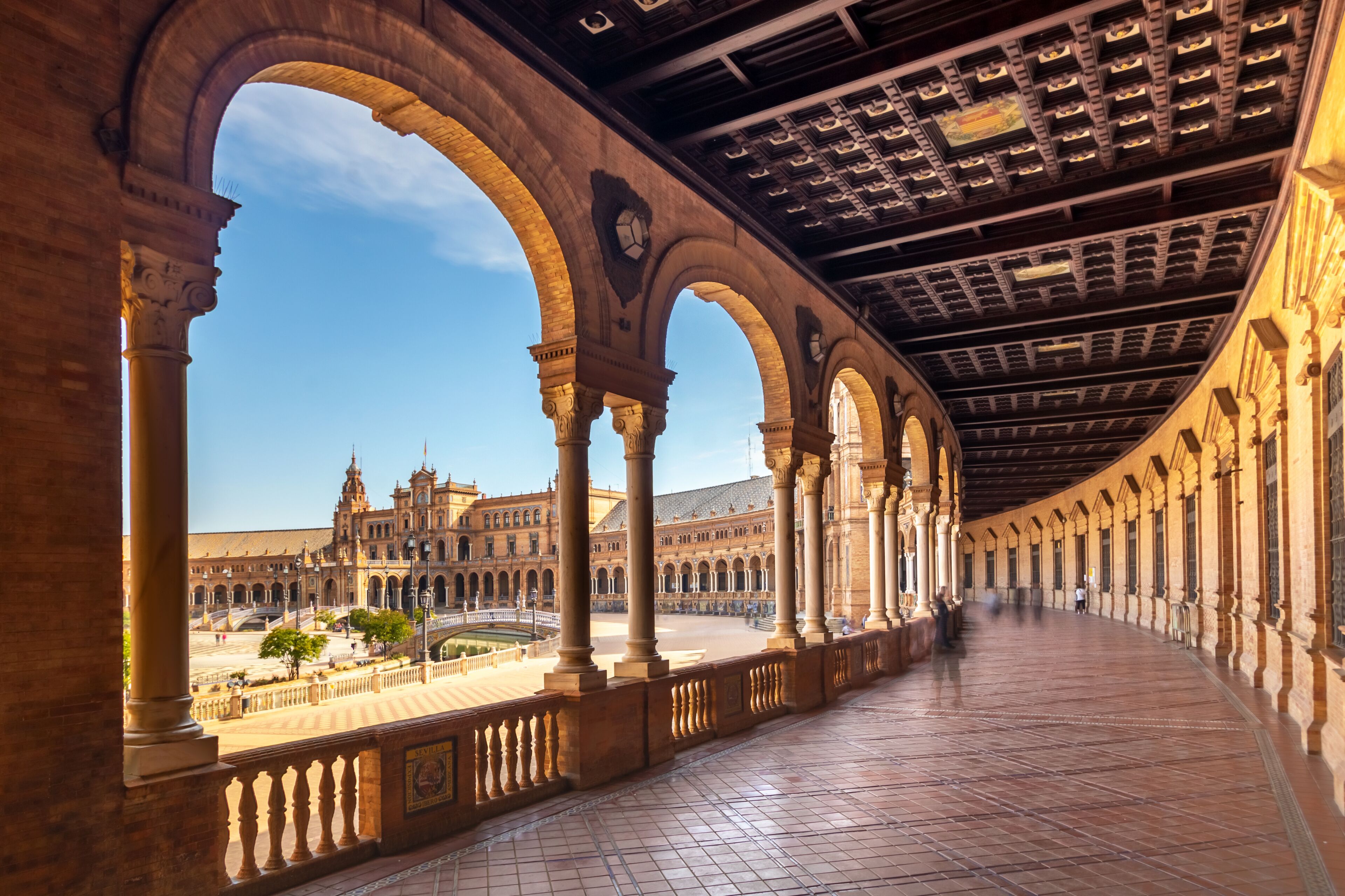 View of the Plaza de España in Seville at sunset, on a spring day