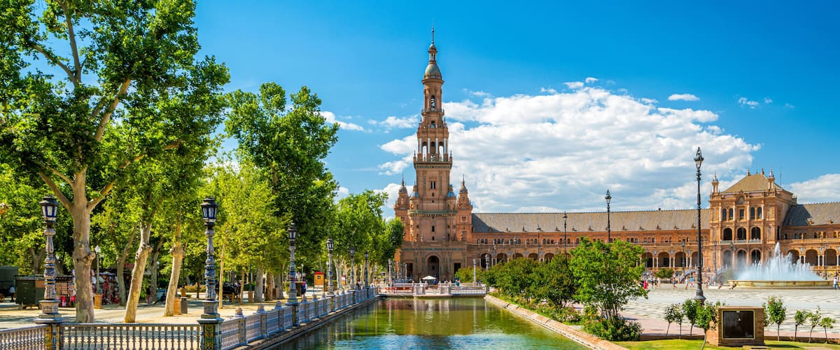 The beautiful Plaza de Espana in Seville on a sunny summer day. Andalusia, Spain.