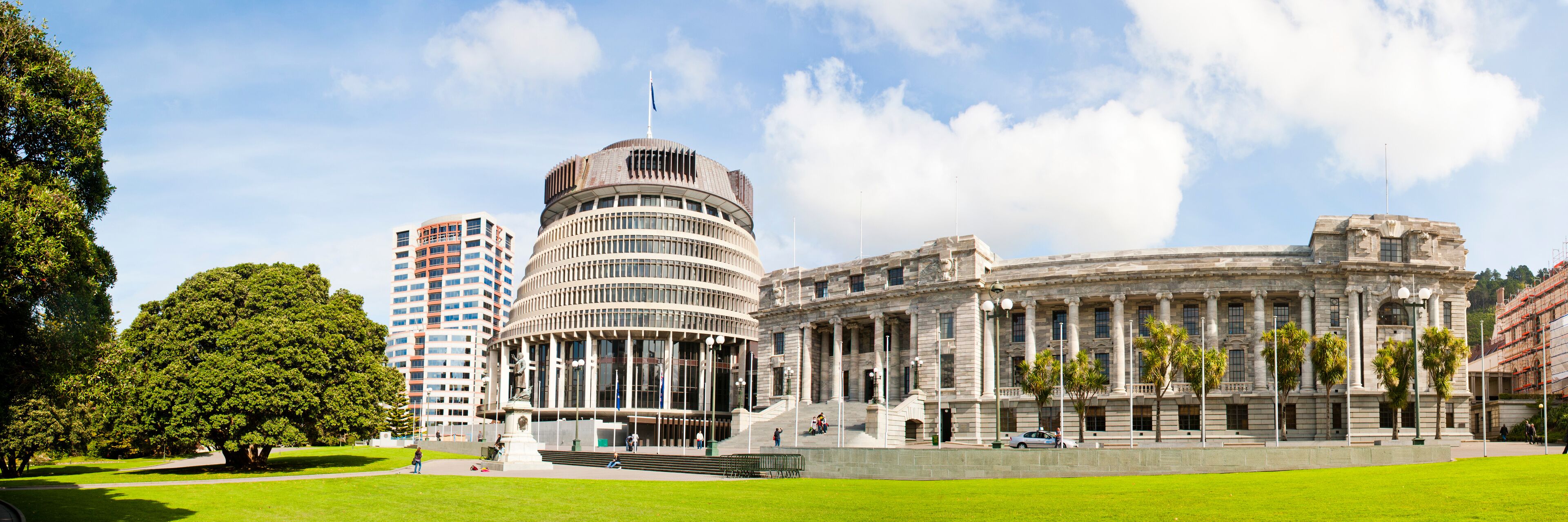 Panoramic Photo of the Beehive, the New Zealand Parliament Buildings, Wellington, North Island, New Zealand