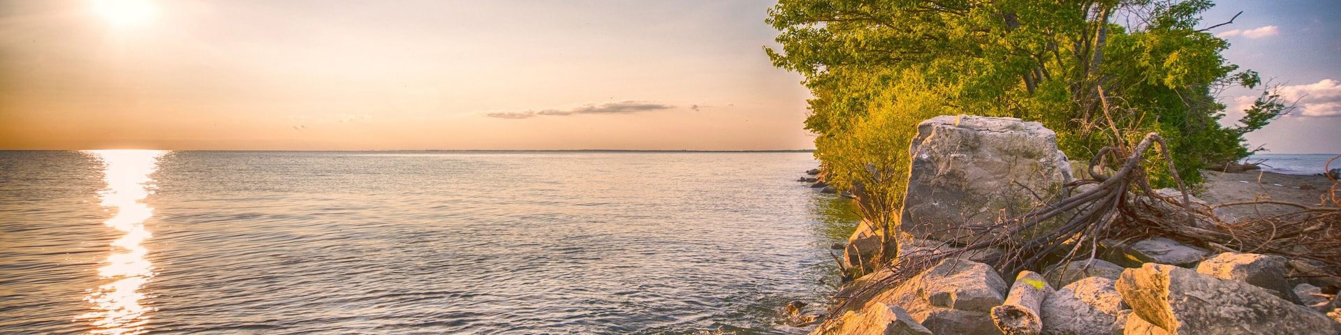 Un lago tranquilo al atardecer, con un árbol a la derecha y rocas en primer plano.