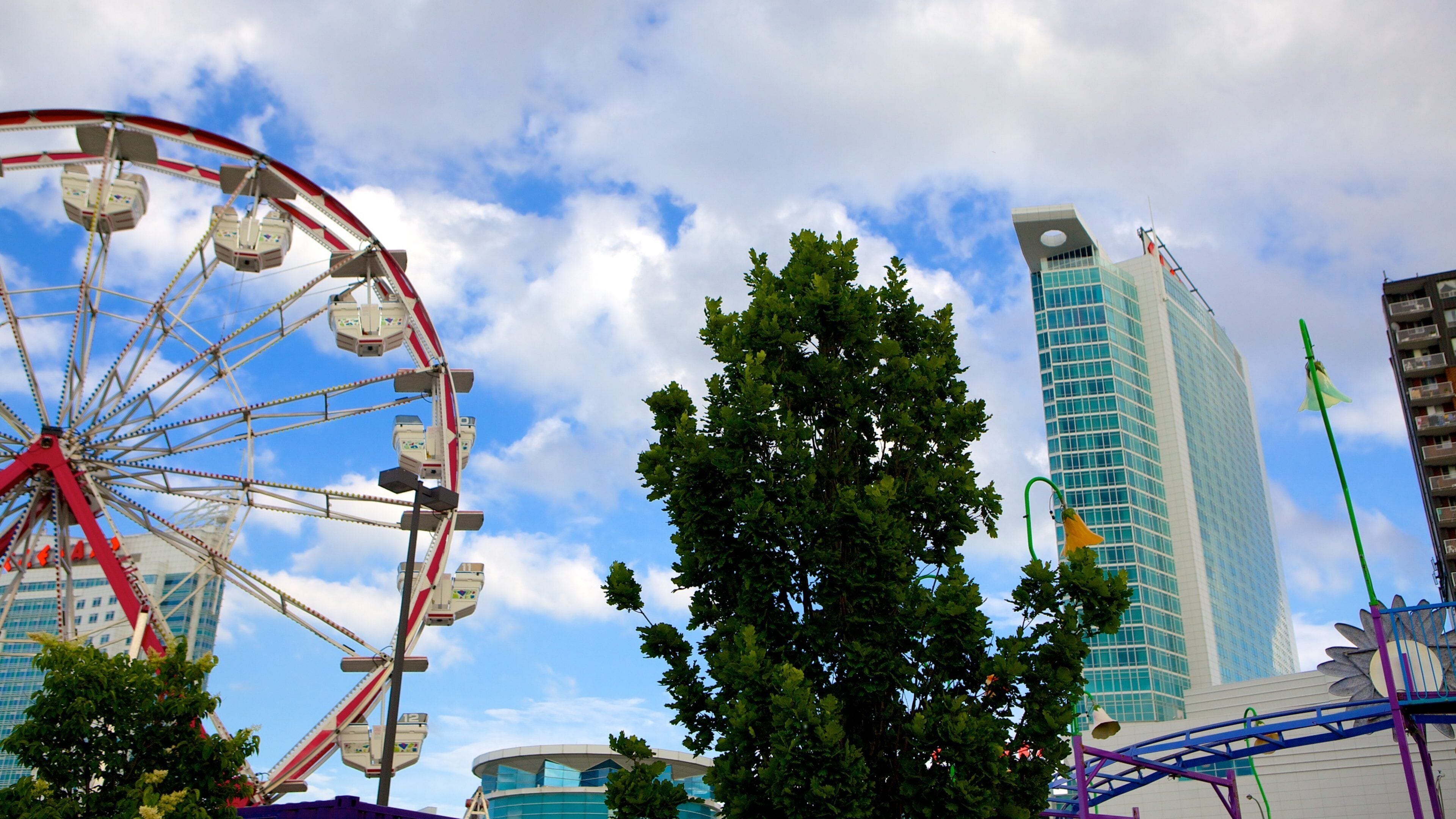 A Ferris wheel, a modern building, and a tree.