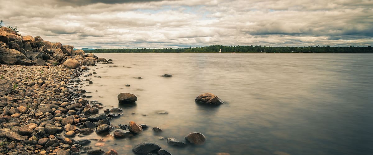 A rocky shoreline with calm water and a forest in the background.