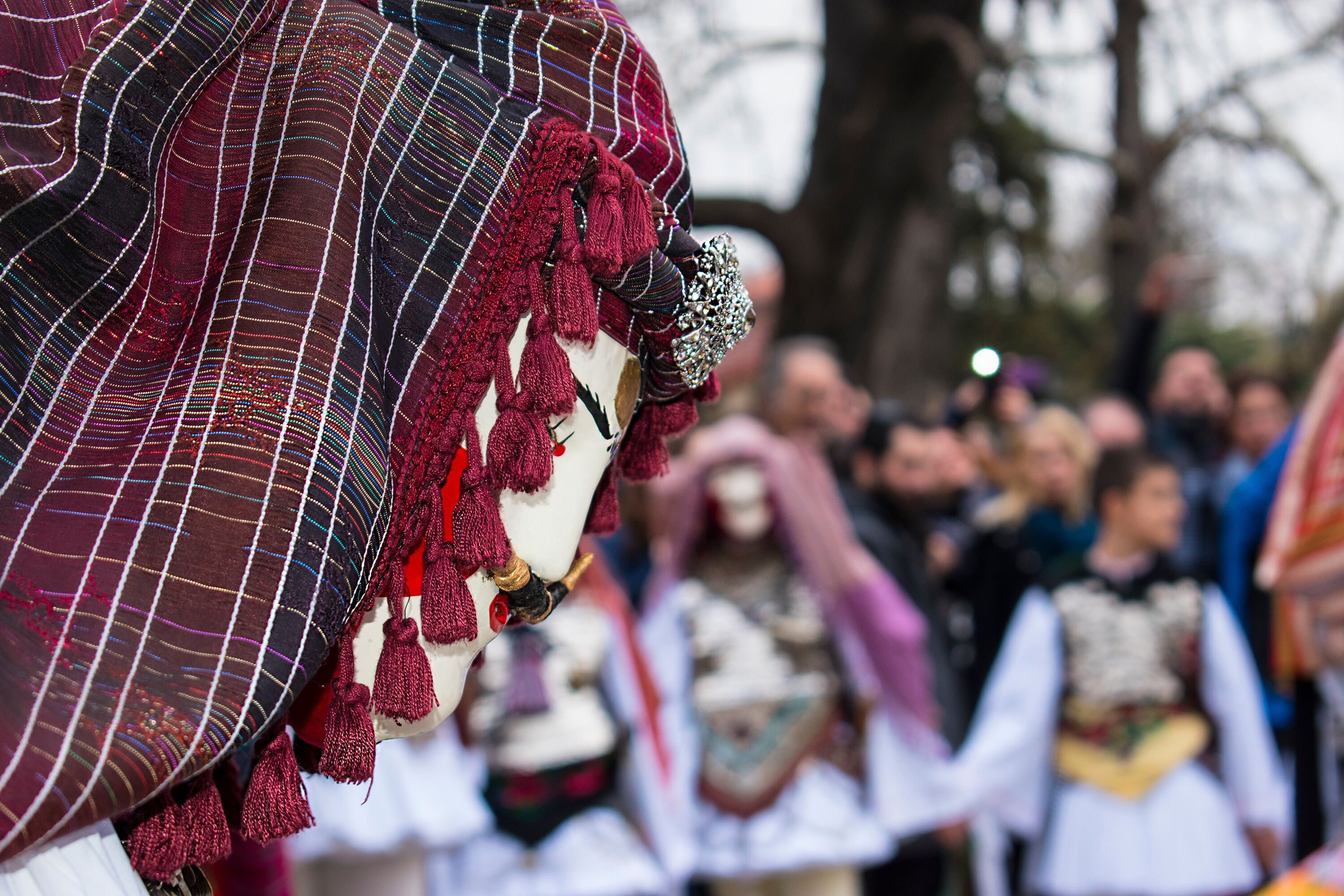 NAOUSSA, GREECE - FEBRUARY 18, 2018: The ancient custom of Genitsari and Boules. A dance-event taking place every year at the town of Naoussa, in Northern Greece, during the period of the carnival.