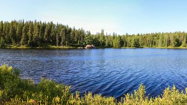 Idyllic Blue lake and forest landscape in evening sunset sunlight. Sudbury, Ontario, Canada.