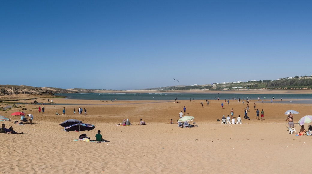Panorama of beach Oualidia lagoon in same name village in Atlantic ocean coast, Morocco