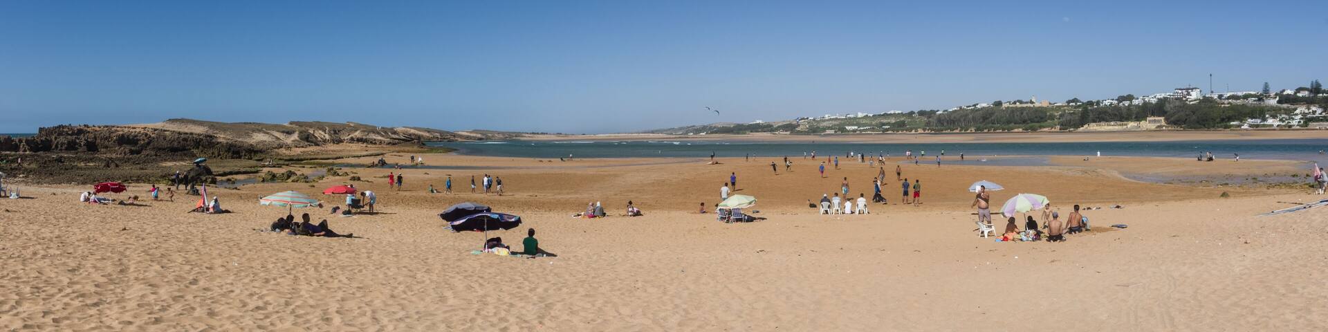 Panorama of beach Oualidia lagoon in same name village in Atlantic ocean coast, Morocco