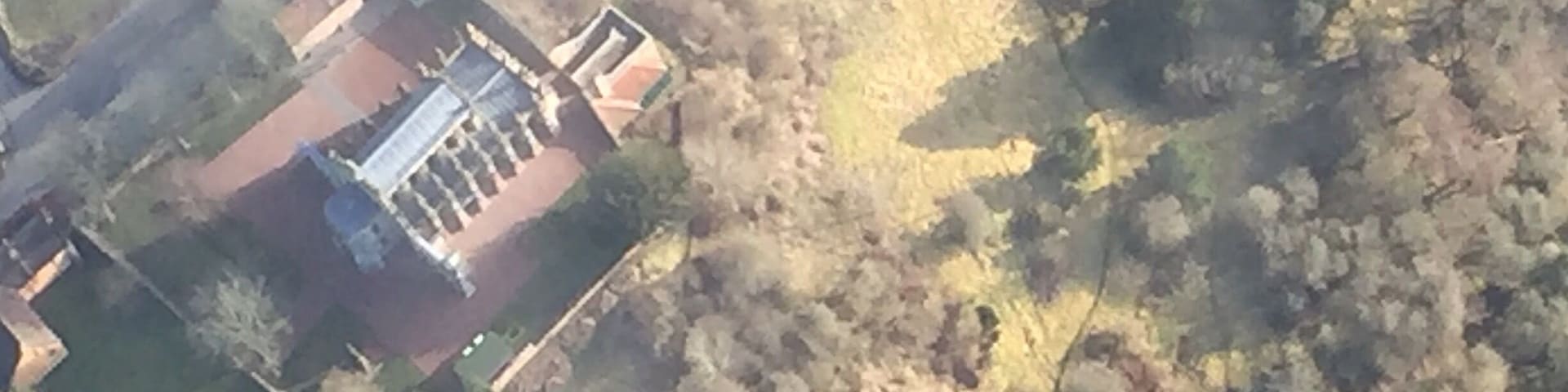 Rosslyn Chapel, hot air balloon view.