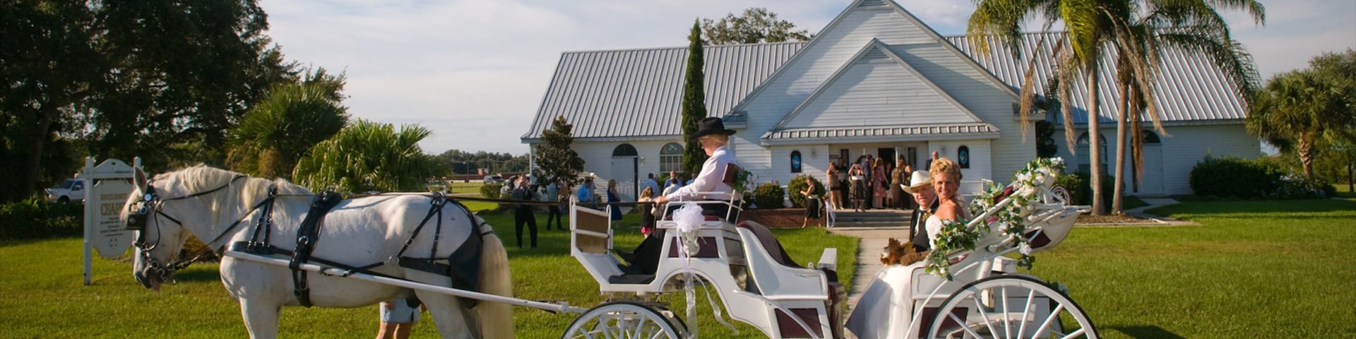 A white horse-drawn carriage with a white roofed building in the background.