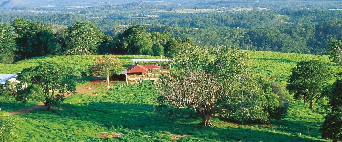 A lush green landscape with rolling hills, a small house with a red roof, and distant mountains.