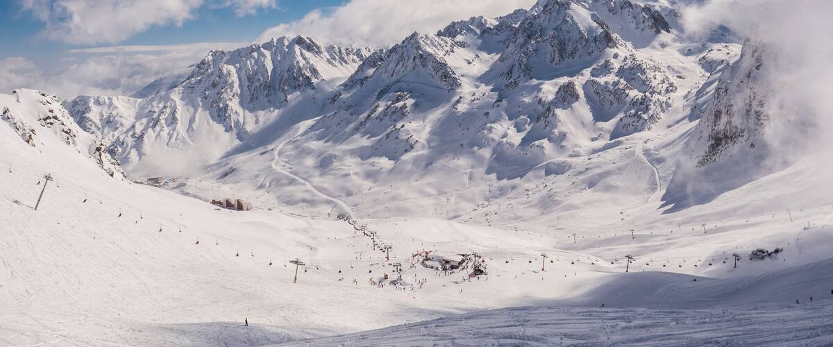 Winter mountains panorama with ski slopes, Bareges, Pyrennees, France