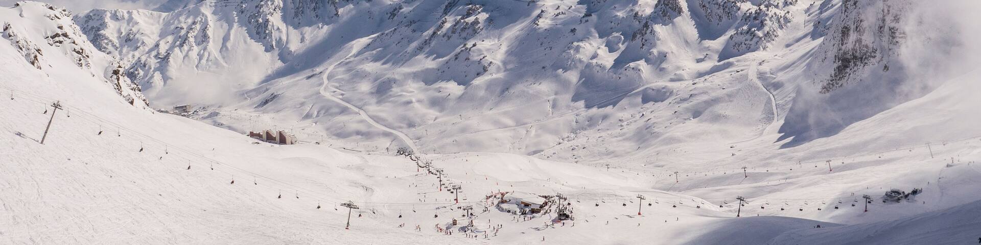 Winter mountains panorama with ski slopes, Bareges, Pyrennees, France